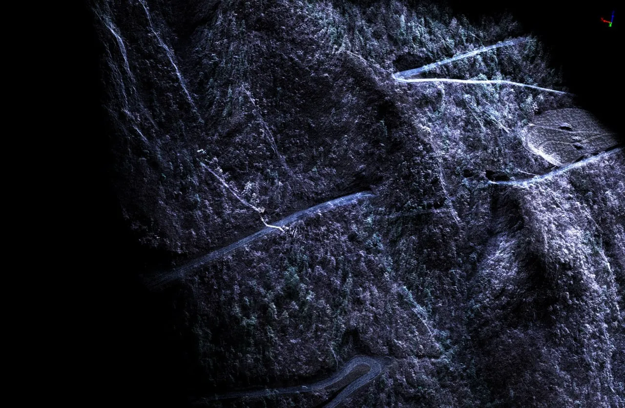 Mountain corridor and road in a point cloud