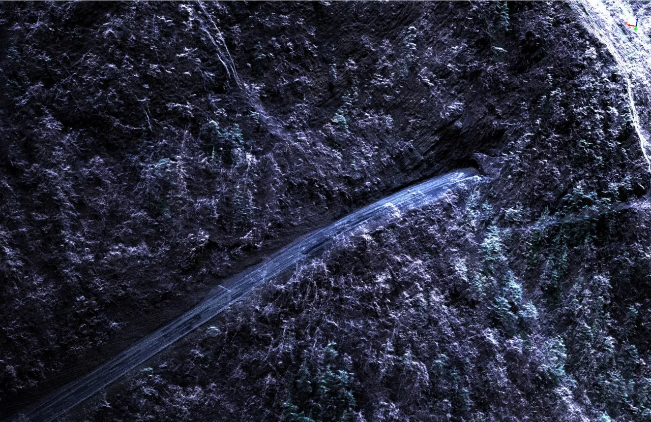 Mountain road detail in a point cloud