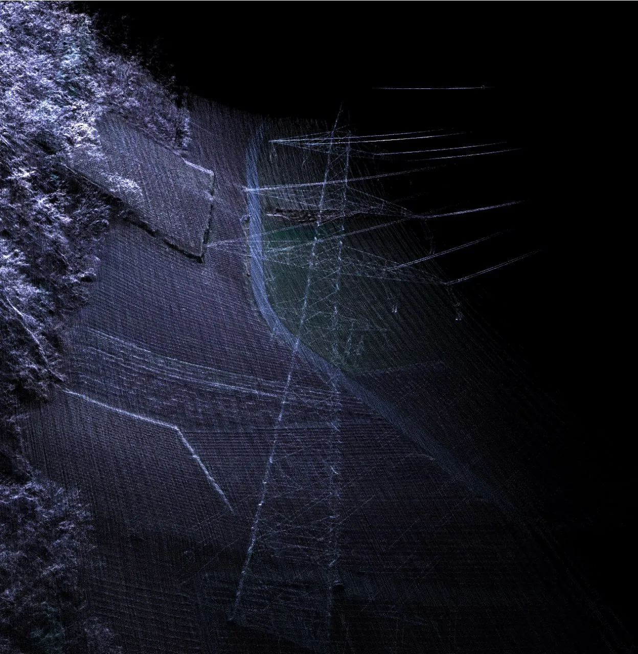 Power line crossing surveyed terrain in a point cloud
